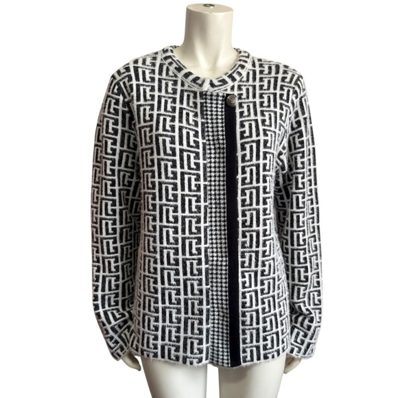 Luxury Knit Sweater Jacket Black + White Geometric Monogram Women's Large - Picture 6 of 15